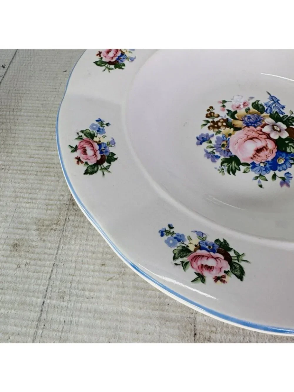 Tabletops Unlimited TAU71 Floral Blue Ceramic Rim Pasta Soup Cereal Bowl Set 4